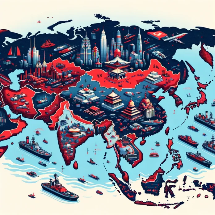 DALLE 2024-05-01 190246 - Create a stylized map of Asia in a modern graphic design style The map should be detailed with various landmarks like buildings ships and tanks al