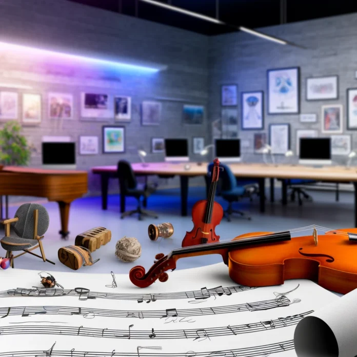 Pixar animation studio with various musical instruments Pixar animation studio with various musical instruments
