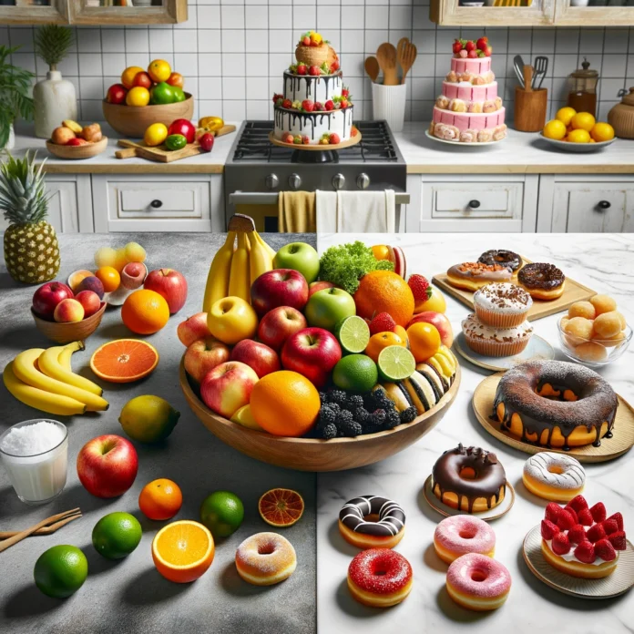 DALLE-2024-05-01-182755-A-visually-striking-kitchen-countertop-scene-divided-into-two-distinct-sections-On-the-left-side-a-rich-array-of-colorful-fruits-including-red-apple