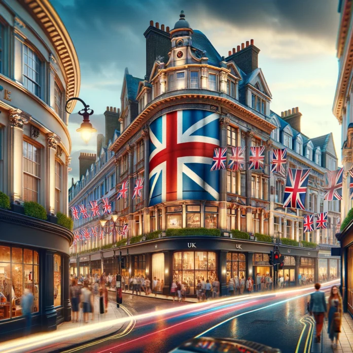 bustling UK high street with diverse shops and pedestrians bustling UK high street with diverse shops and pedestrians