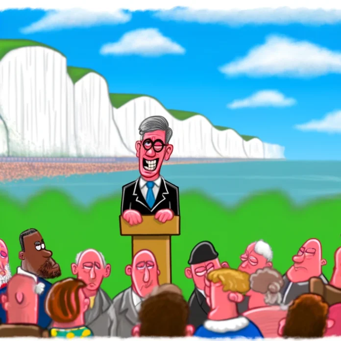 Sir Keir Starmer the Labour leader giving a speech at a podium with a cartoonishly exaggerated cliffs of Dover Sir Keir Starmer the Labour leader giving a speech at a podium with a cartoonishly exaggerated cliffs of Dover
