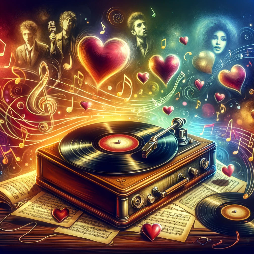 the essence of classic love songs with a vintage vinyl record player with a record