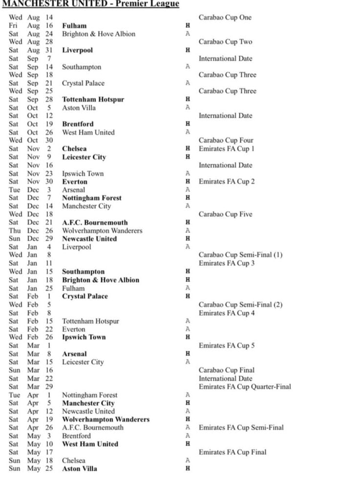 Premier league fixture 2024-2025